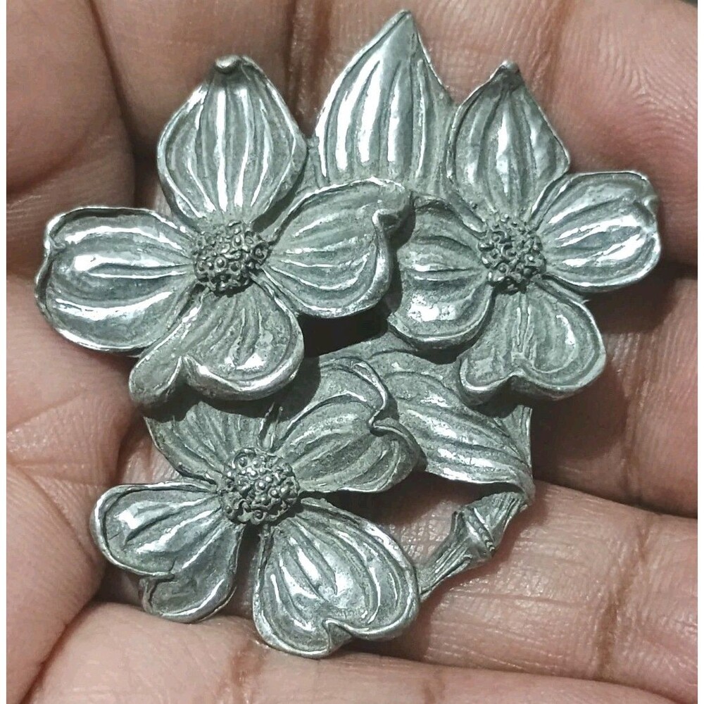 Seagull 1990 Flower Pewter Canada Signed Vintage Brooch
